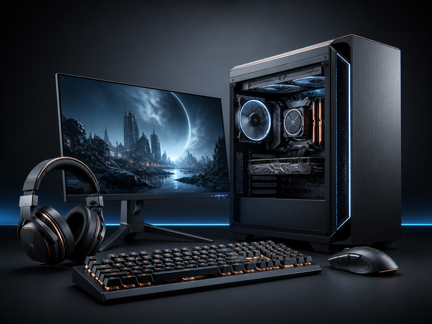 Gaming desktop, monitor, mechanical keyboard, mouse and headset
