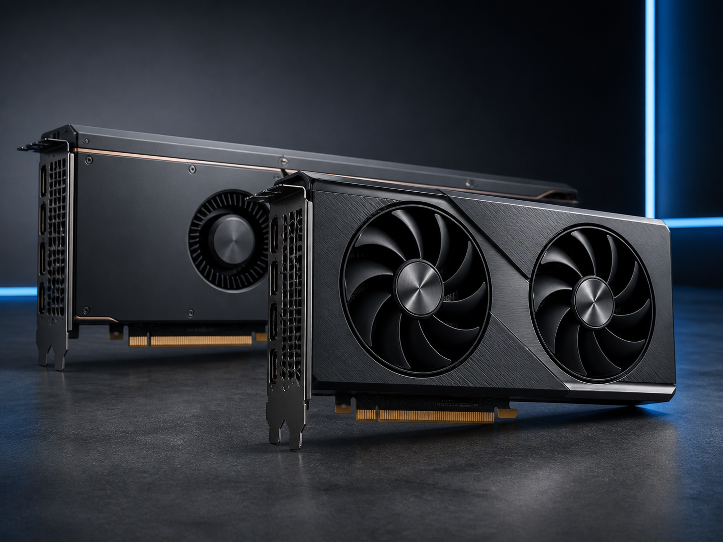 Premium desktop graphics cards with cooling fans and heatsinks