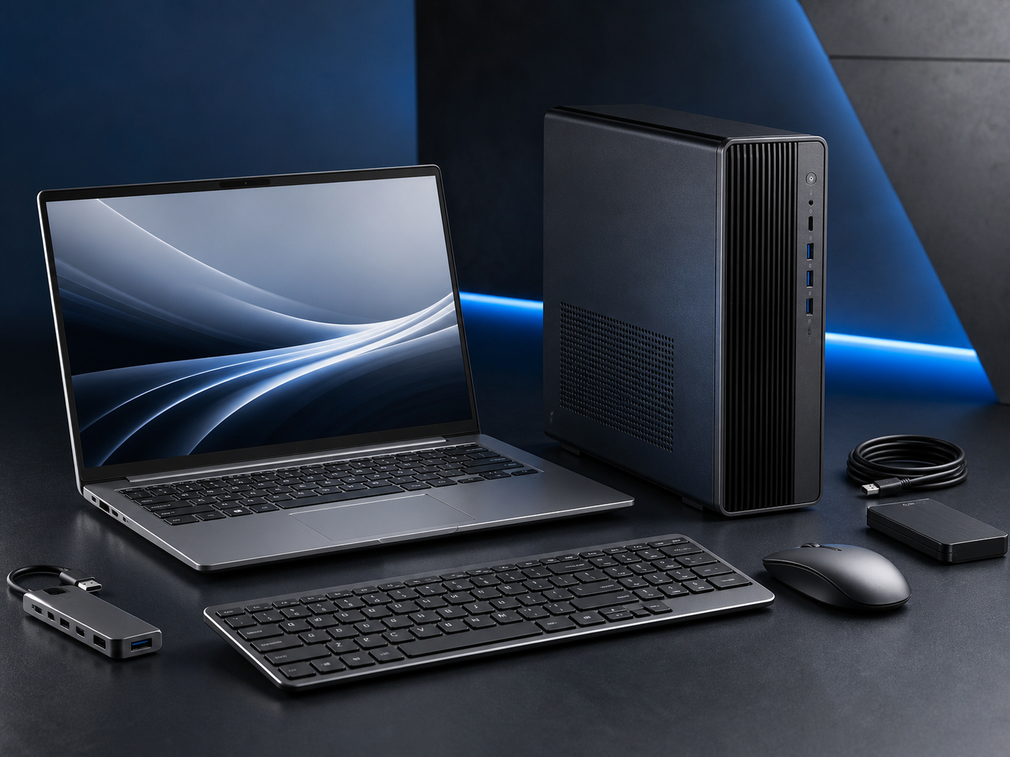 Business laptop, compact desktop PC, keyboard, mouse and computer accessories