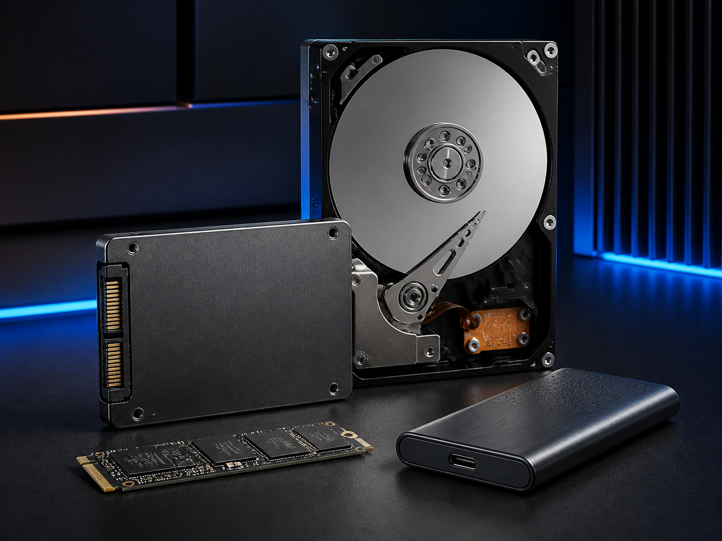 NVMe drive, solid-state drive, hard disk drive and external storage device