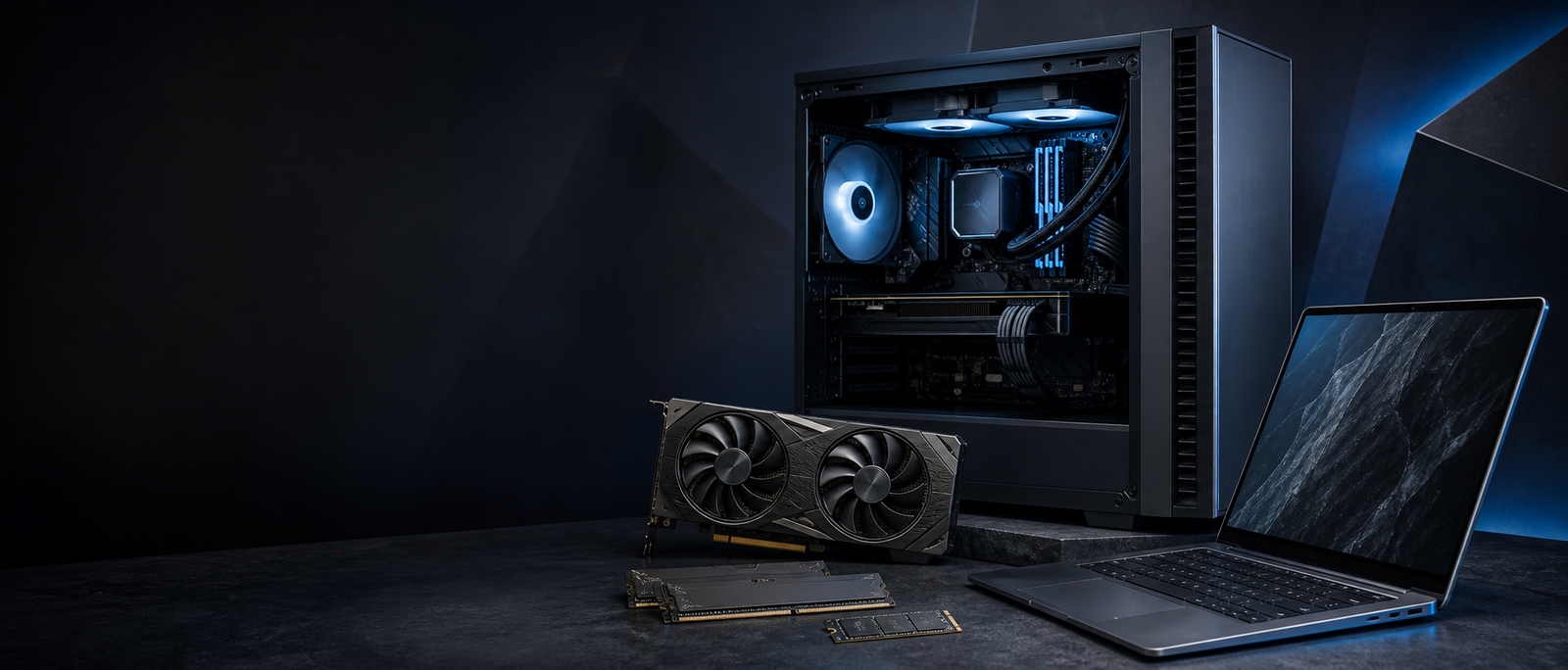Premium computer hardware including a workstation, laptop and graphics card